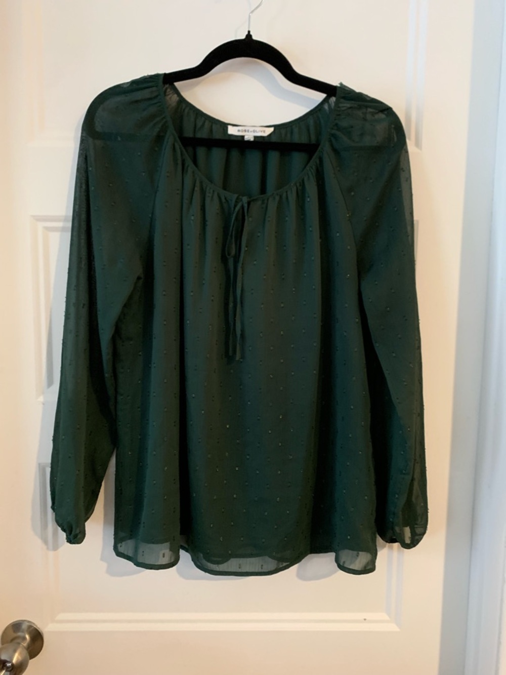 Rose & Olive ,women's chiffon lined Dark Green Swiss Dot Tie-Neck Blouse
